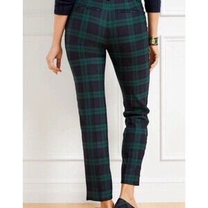 TALBOTS Hampshire Ankle Pants Blue Green Tartan Plaid 20W Wool Blend Velvet Trim